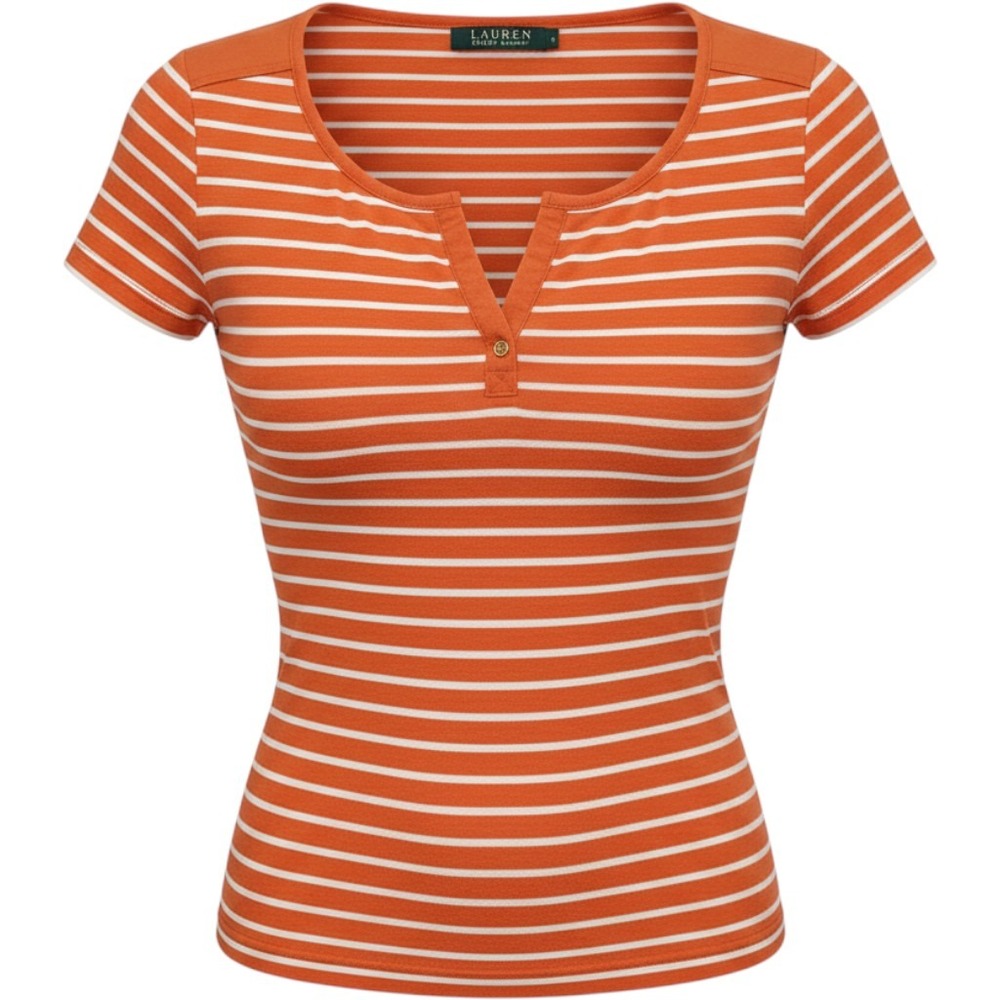 Lauren Ralph Lauren Top Womens L Orange White Striped Split Neck Cotton Nautical